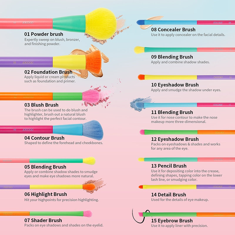 15pcs Colorful Makeup Brushes - Glow Formula