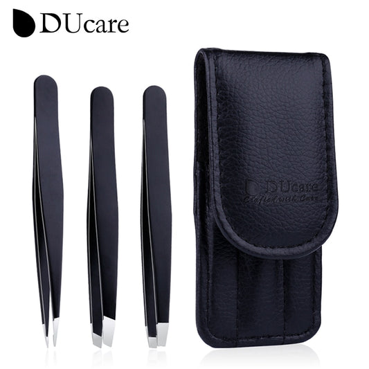3pc Stainless Steel Tweezers Set for eyebrows, lashes, and hair removal.
